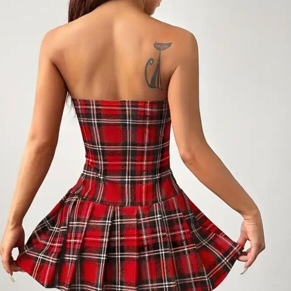 💲6️⃣ Bundle Little Red Plaid Pleat Dress Cosplay Dress-Up Sexy Bamdeau Mini - Picture 5 of 8